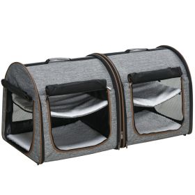 PawHut 39" Portable Twin Compartment Show House Cat Cage/Condo, Soft-Sided Pet kennel, Dual Compartment, Soft Cushions & Storage Bag, Gray