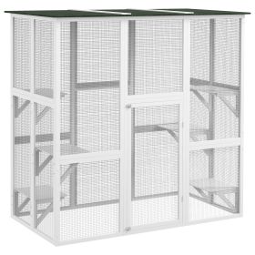 PawHut Outdoor Cat House Big Catio Wooden Feral Cat Shelter Enclosure w/ Large Spacious Interior, 6 High Ledges, Weather Protection Roof, 71" L, White