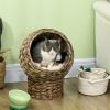 PawHut 20" Natural Braided Elevated Cat Bed, Cat Basket Kitten House Chair Sofa With Cushion, Dark Brown